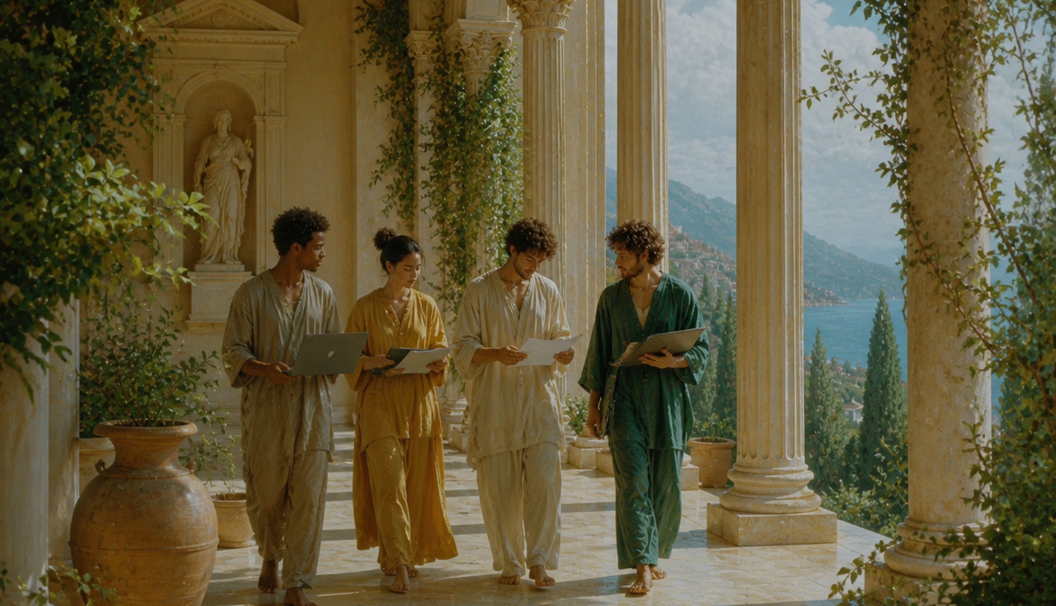 Founders in a classical colonnade.
